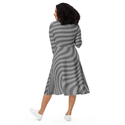 Captivate in Style: Wavy Grey Stripes Long Sleeve Midi Dress - Dresses