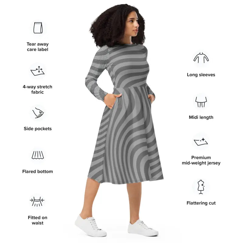 Captivate in Style: Wavy Grey Stripes Long Sleeve Midi Dress - Dresses