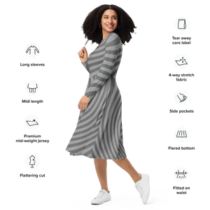 Wavy Grey Stripes Long Sleeve Midi Dress - Eco-chic Style - Dipaliz - Dresses