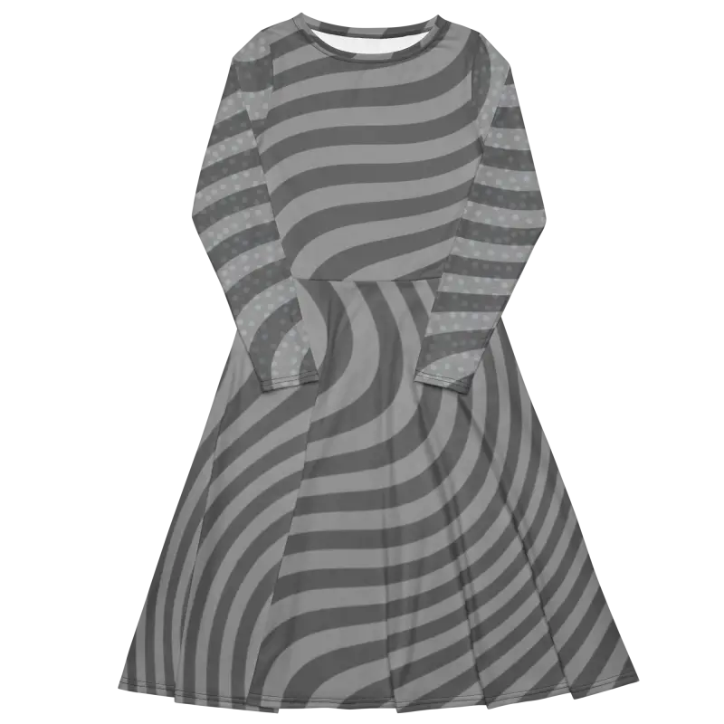 Captivate in Style: Wavy Grey Stripes Long Sleeve Midi Dress - Dresses