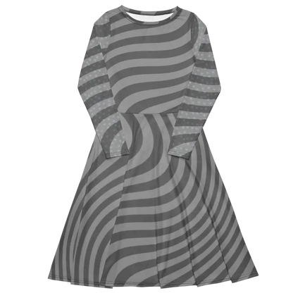 Captivate in Style: Wavy Grey Stripes Long Sleeve Midi Dress - Dresses