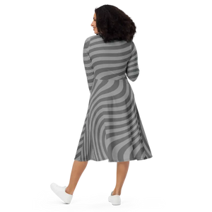 Wavy Grey Stripes Long Sleeve Midi Dress - Eco-chic Style - Dipaliz - Dresses