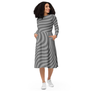 Wavy Grey Stripes Long Sleeve Midi Dress - Eco-chic Style - Dipaliz - Dresses