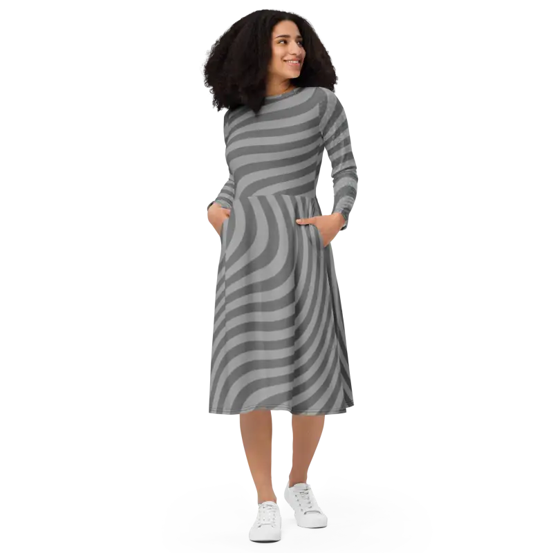 Captivate in Style: Wavy Grey Stripes Long Sleeve Midi Dress - Dresses