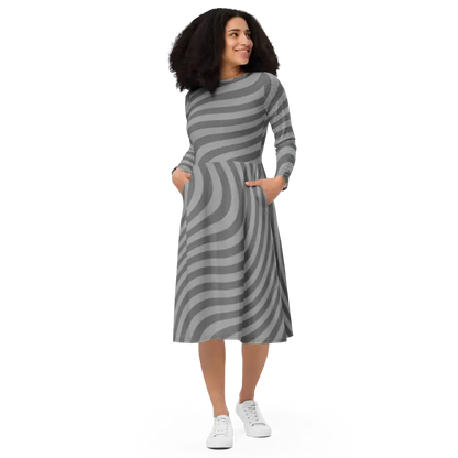 Captivate in Style: Wavy Grey Stripes Long Sleeve Midi Dress - Dresses