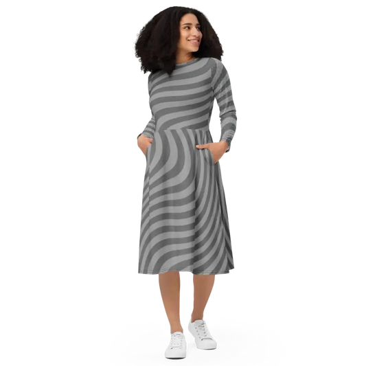 Captivate in Style: Wavy Grey Stripes Long Sleeve Midi Dress - Dresses