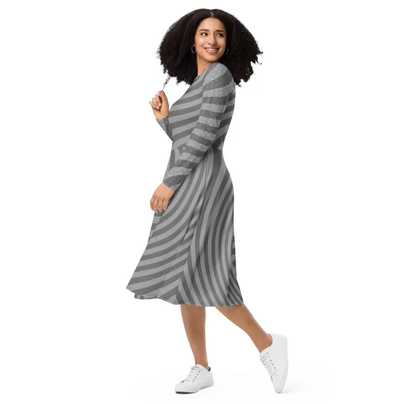 Captivate in Style: Wavy Grey Stripes Long Sleeve Midi Dress - Dresses