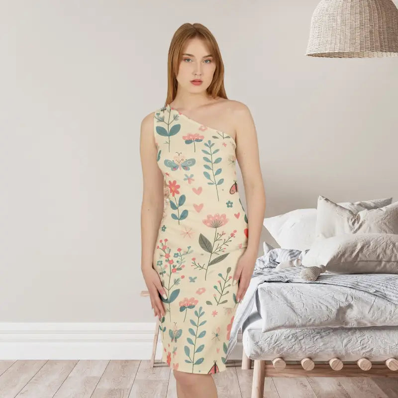 Chic Pastel Floral Dress with Stunning One-shoulder Design - Xs Dresses