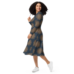 Print Long Sleeve Midi Dress - Artistic Comfort Style - Dipaliz - Dresses