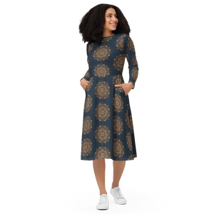 Print Long Sleeve Midi Dress - Artistic Comfort Style - Dipaliz - Dresses