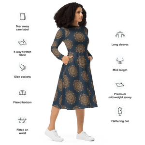 Print Long Sleeve Midi Dress - Artistic Comfort Style - Dipaliz - Dresses