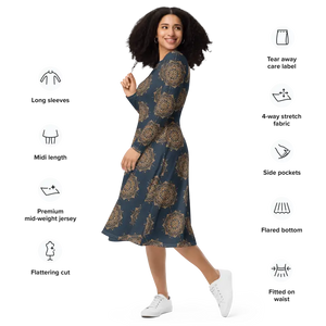 Print Long Sleeve Midi Dress - Artistic Comfort Style - Dipaliz - Dresses