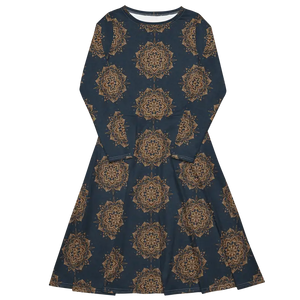 Print Long Sleeve Midi Dress - Artistic Comfort Style - Dipaliz - Dresses