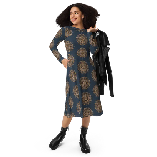 Captivate in Style: Navy Mandala Long Sleeve Midi Dress - Xs Dresses