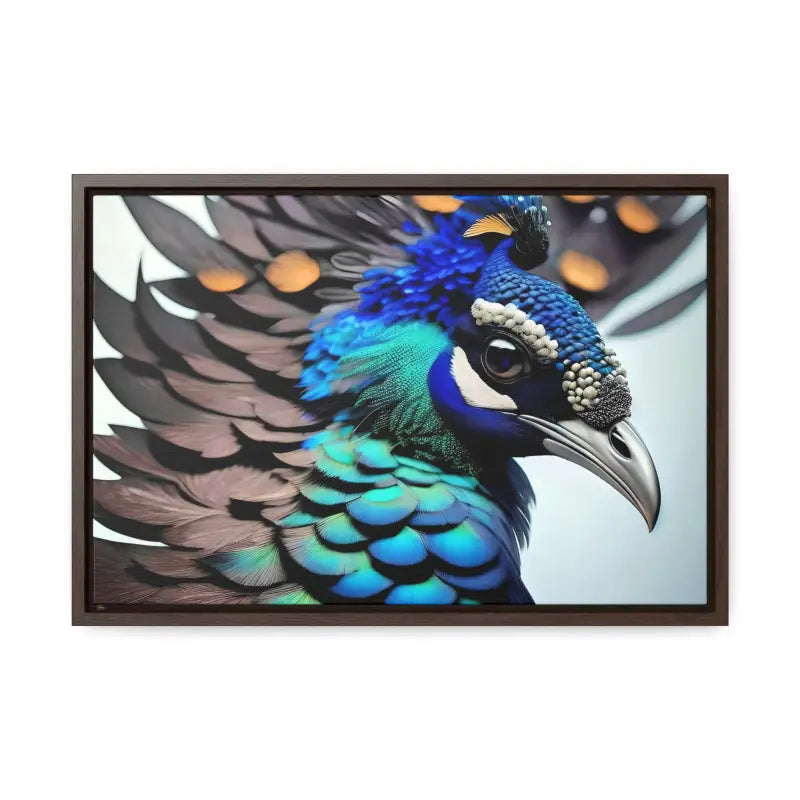 Elevate your Home with a Stunning Peacock Bird Canvas - 18″ x 12″ / Walnut / Premium Gallery Wraps (1.25″)