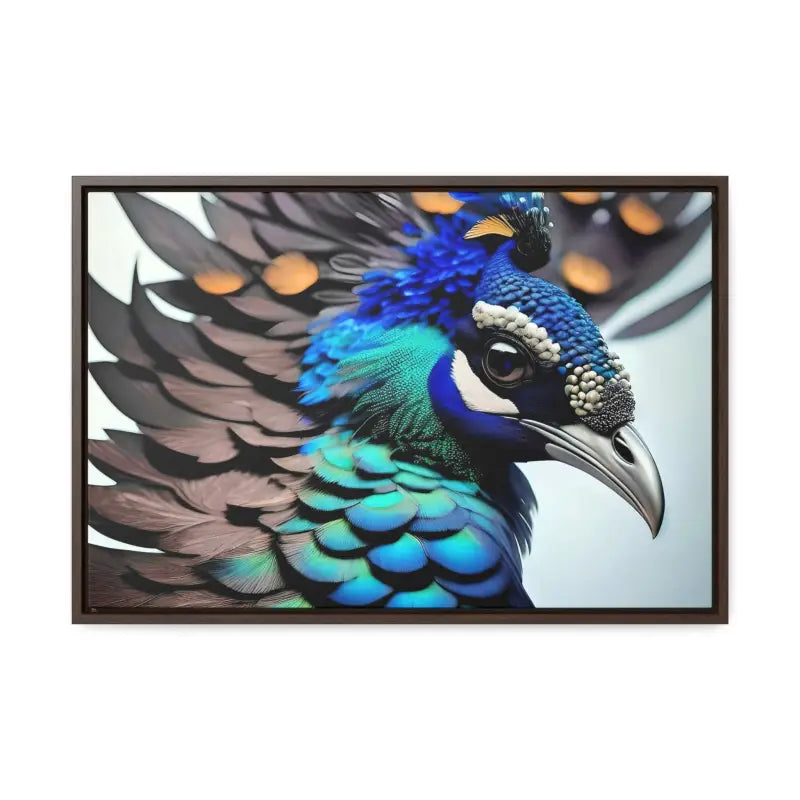 Elevate your Home with a Stunning Peacock Bird Canvas - 24″ x 16″ / Walnut / Premium Gallery Wraps (1.25″)