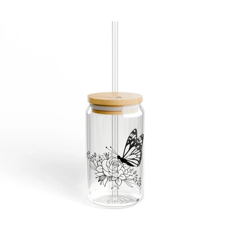 Elevate your Drink with a Butterfly on Rose Glass Sipper - with Lid and Straw / 16oz Tumbler