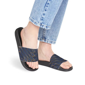 Navy Blue Slide Sandals Golden Pattern Statement Style - Dipaliz - Black / us 6