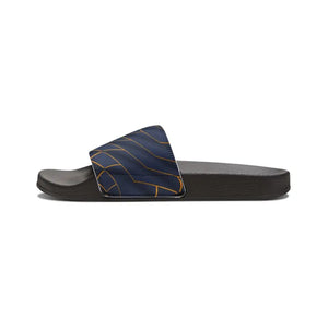 Navy Blue Slide Sandals Golden Pattern Statement Style - Dipaliz