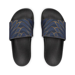 Navy Blue Slide Sandals Golden Pattern Statement Style - Dipaliz