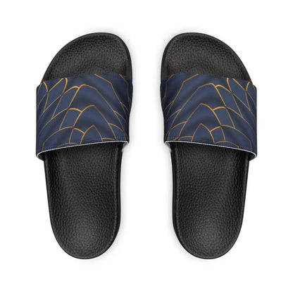 Stylish Navy Blue Slide Sandals with Golden Pattern - Shoes