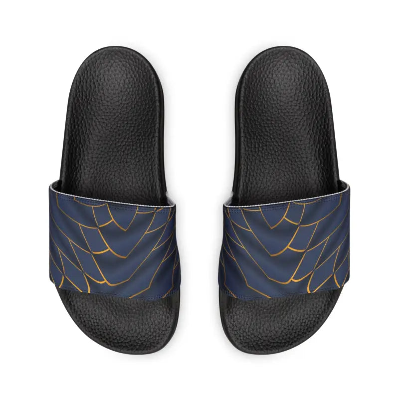 Stylish Navy Blue Slide Sandals with Golden Pattern - Shoes