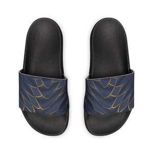 Navy Blue Slide Sandals Golden Pattern Statement Style - Dipaliz