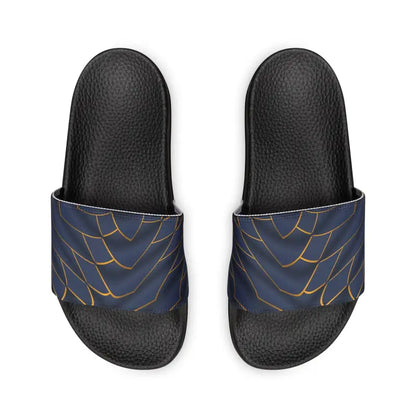 Stylish Navy Blue Slide Sandals with Golden Pattern - Shoes