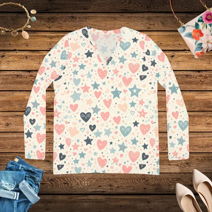 Stylish Pastel Hearts Long Sleeve V-neck for Women - Dresses