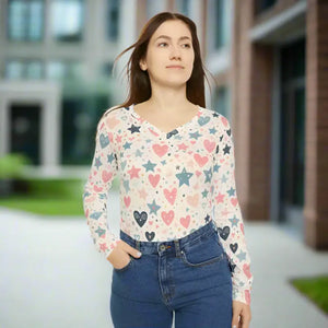 Stylish Pastel Hearts Long Sleeve V-neck Tee - Dipaliz - T-shirts