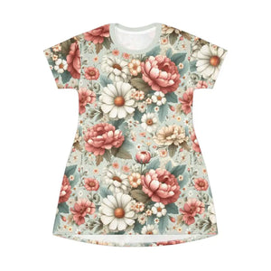 T-shirt Dress White Flowers Pink Comfort Style - Dipaliz - Dresses