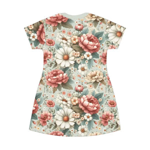 T-shirt Dress White Flowers Pink Comfort Style - Dipaliz - Dresses