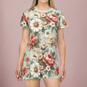 T-shirt Dress White Flowers Pink Comfort Style - Dipaliz - Dresses
