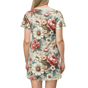 T-shirt Dress White Flowers Pink Comfort Style - Dipaliz - Dresses