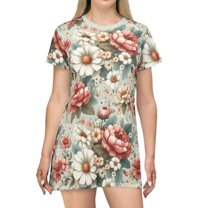 T-shirt Dress White Flowers Pink Comfort Style - Dipaliz - Xs - Dresses