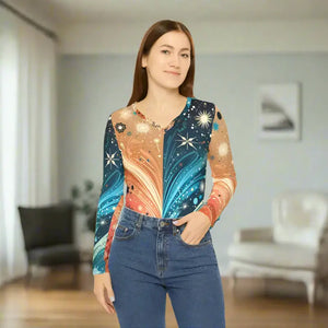 Festive Pattern Long Sleeve V-neck Top - Dipaliz - T-shirts