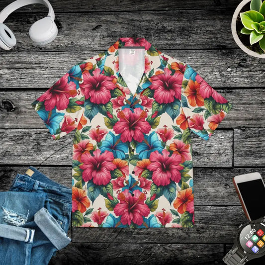 Vibrant Men’s Hawaiian Camp Shirt with Hibiscus Blooms - Xs Shirts