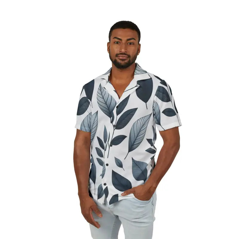 Summer Vibes: Men’s Hawaiian Camp Shirt - Leaf Print - Shirts