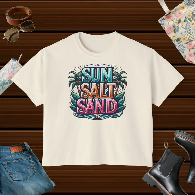 Sun Salt Sand Boxy Tee: Comfy Vibes with Flowy Rolled Cuffs - Ivory / s T-shirt