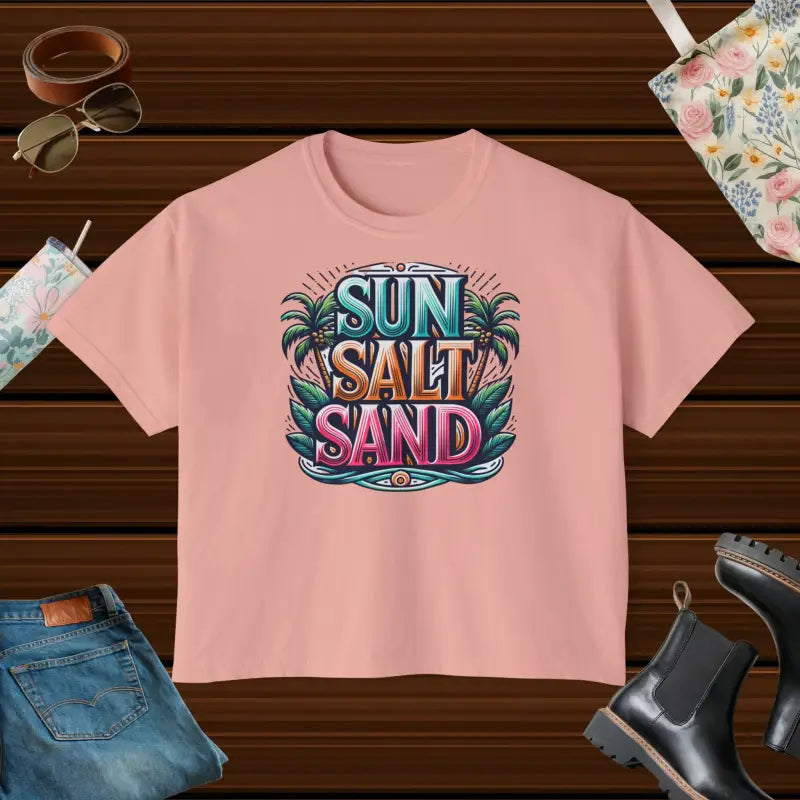 Sun Salt Sand Boxy Tee: Comfy Vibes with Flowy Rolled Cuffs - Peachy / s T-shirt