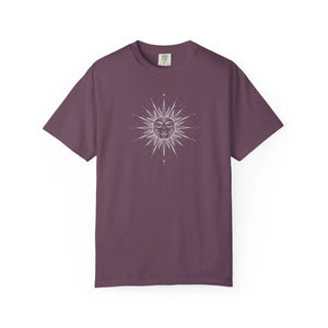 Sunface Graphic T-shirt - Vintage Celestial Moon & Sun Design - Berry / s