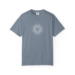 Sunface Graphic T-shirt - Vintage Celestial Moon & Sun Design - Blue Jean / s