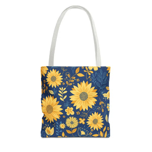 Sunflower Pattern Tote Bag - Navy Floral Canvas - Dipaliz - Bags
