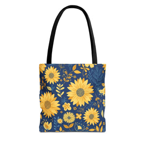 Sunflower Pattern Tote Bag - Navy Floral Canvas - Dipaliz - Bags