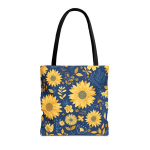 Sunflower Pattern Tote Bag - Navy Floral Canvas - Dipaliz - Bags