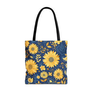 Sunflower Pattern Tote Bag - Navy Floral Canvas - Dipaliz - Bags