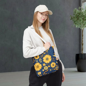 Sunflower Pattern Tote Bag - Navy Floral Canvas - Dipaliz - Bags