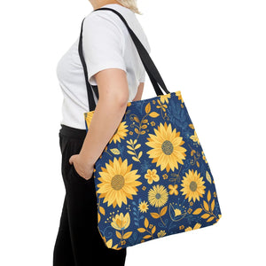 Sunflower Pattern Tote Bag - Navy Floral Canvas - Dipaliz - Bags