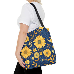 Sunflower Pattern Tote Bag - Navy Floral Canvas - Dipaliz - Bags