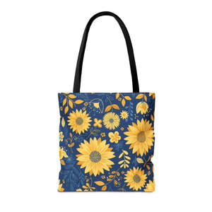 Sunflower Pattern Tote Bag - Navy Floral Canvas - Dipaliz - Bags